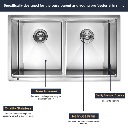 32-Inch Drop-In Double Bowl Kitchen Sink , Stainless Steel Top Mount Bathroom Sink