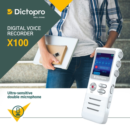 X100 - Enregistreur vocal numérique - Microphone double HD, réduction du bruit, dictaphone mini bande, 700 heures de réunions, école, médecins,