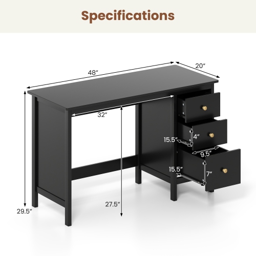 Topbuy Computer Desk Writing Table w/3 Drawers Workstation for Home Office White/Black