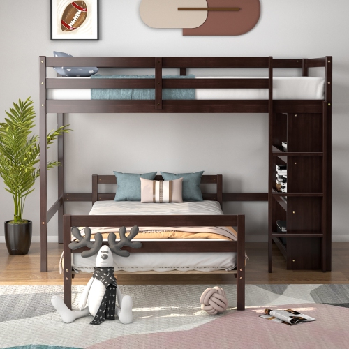 Costway Twin Over Twin Loft Bunk Bed Wood w/Bookcase Guardrail Ladder Kids Bedroom