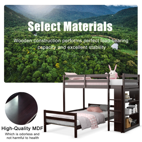 Costway Twin Over Twin Loft Bunk Bed Wood w/Bookcase Guardrail Ladder Kids Bedroom