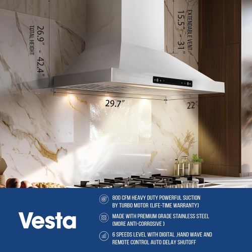VESTA Brussels 800CFM Powerful 30'' Stainless Steel Wall Mounted Range Hood With Gesture Control And Remote Control