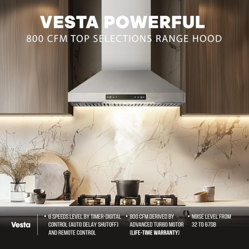 VESTA Brussels 800CFM Powerful 30'' Stainless Steel Wall Mounted Range Hood With Gesture Control And Remote Control