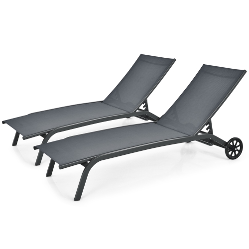 Image 1 de 10.. Gymax Set of 2 Outdoor Chaise Lounge Chair Adjustable Patio Recliner w/ Wheels Grey