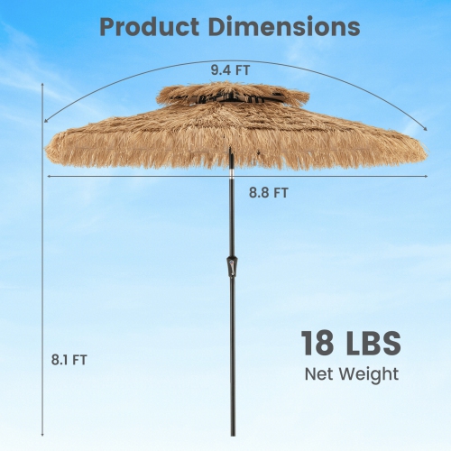 Gymax 8.8 FT Hawaiian Style Umbrella Thatched Tiki Umbrella w/8 Ribs Sun-proof Fabric