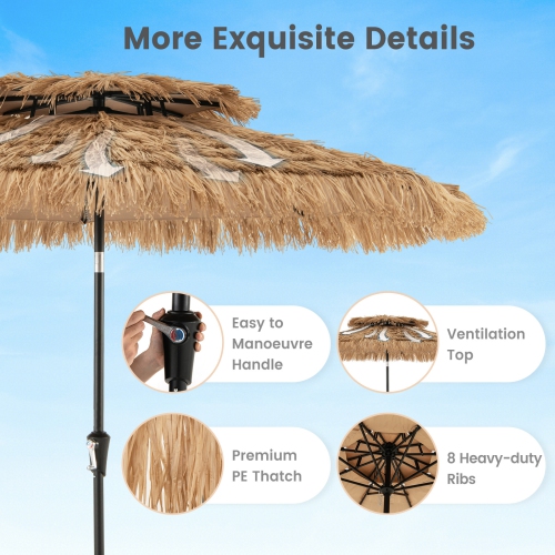 Gymax 8.8 FT Hawaiian Style Umbrella Thatched Tiki Umbrella w/8 Ribs Sun-proof Fabric