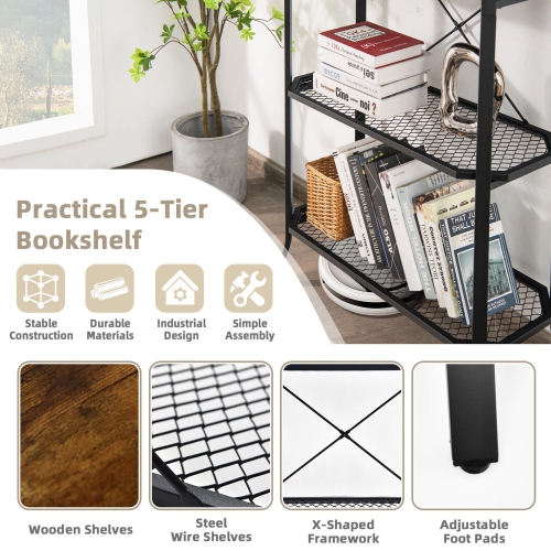 Gymax 5 Tier Bookshelf Standing Storage Shelf Unit for Kitchen Living Room Office