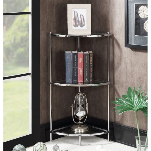 Pemberly Row Three-Tier Corner Shelf in Clear Glass/ Chrome