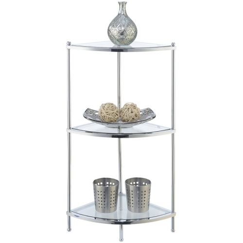 Pemberly Row Three-Tier Corner Shelf in Clear Glass/ Chrome