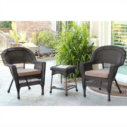 JECO INC.  Jeco 3 Piece Wicker Conversation Set In Espresso With Cushions In Brown