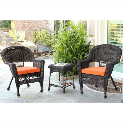 JECO INC.  Jeco 3 Piece Wicker Conversation Set In Espresso With Cushions In Orange