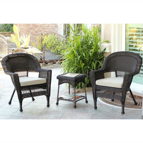 JECO INC.  Jeco 3 Piece Wicker Conversation Set In Espresso With Cushions In Tan