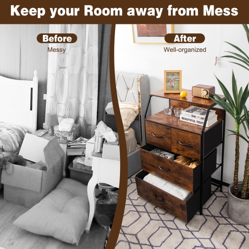 Gymax 2PCS 4 Drawer Dresser Tall Wide Storage Organizer Unit w/ Wooden Top Fabric Bins