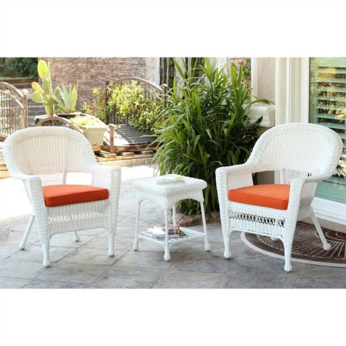 Jeco 3 Piece Wicker Conversation Set in White with Orange Cushions