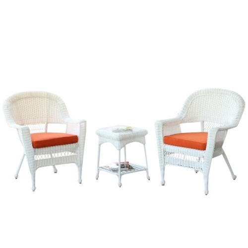 Jeco 3 Piece Wicker Conversation Set in White with Orange Cushions
