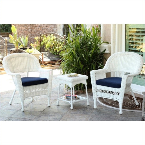 JECO INC.  Jeco 3 Piece Wicker Conversation Set In White With Cushions In Blue