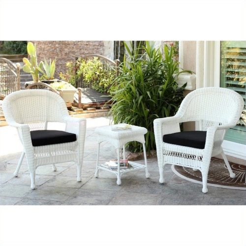 JECO INC. Jeco 3 Piece Wicker Conversation Set In White With Black Cushions