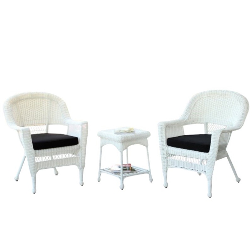Jeco 3 Piece Wicker Conversation Set in White with Black Cushions