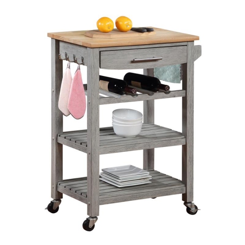 Ellaine Four-Tier Butcher Block Kitchen Cart w/ Drawer & Wine Rack in Gray Wood