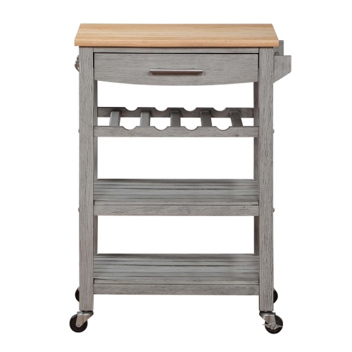 Ellaine Four-Tier Butcher Block Kitchen Cart w/ Drawer & Wine Rack in Gray Wood