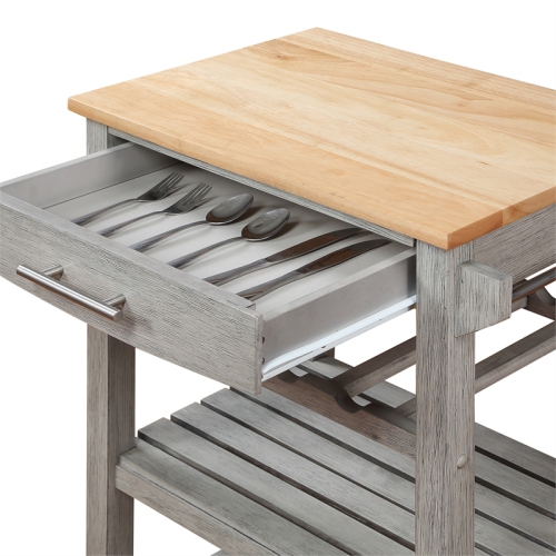 Ellaine Four-Tier Butcher Block Kitchen Cart w/ Drawer & Wine Rack in Gray Wood