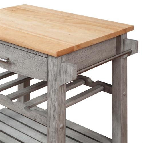 Ellaine Four-Tier Butcher Block Kitchen Cart w/ Drawer & Wine Rack in Gray Wood