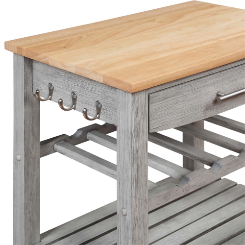 Ellaine Four-Tier Butcher Block Kitchen Cart w/ Drawer & Wine Rack in Gray Wood