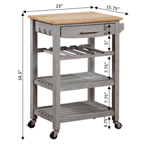Ellaine Four-Tier Butcher Block Kitchen Cart w/ Drawer & Wine Rack in Gray Wood