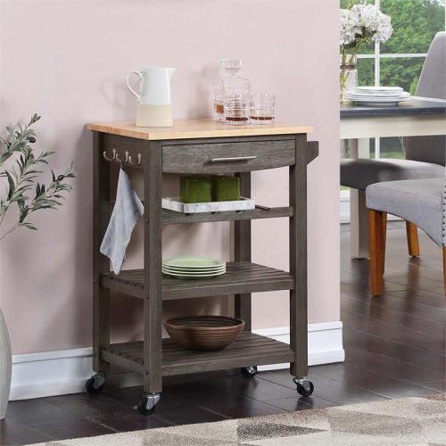 Ellaine Four-Tier Butcher Block Kitchen Cart w/ Drawer & Wine Rack in Gray Wood