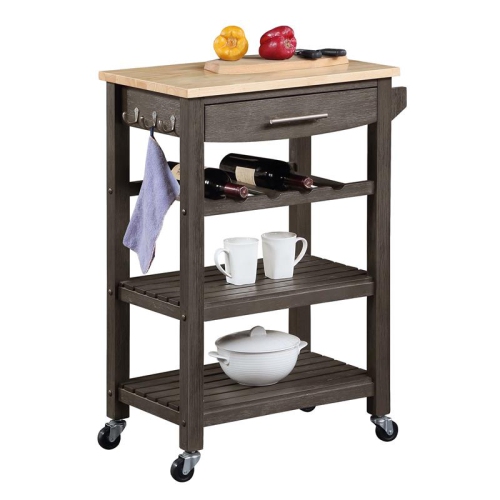 Ellaine Four-Tier Butcher Block Kitchen Cart w/ Drawer & Wine Rack in Gray Wood