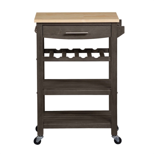 Ellaine Four-Tier Butcher Block Kitchen Cart w/ Drawer & Wine Rack in Gray Wood