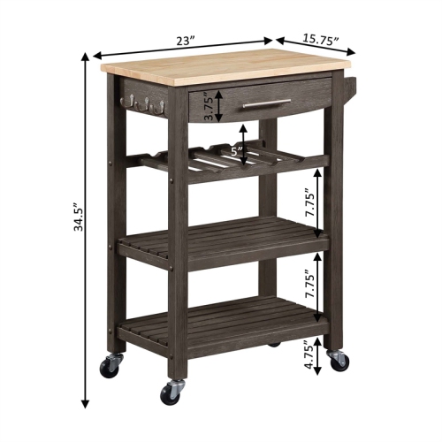 Ellaine Four-Tier Butcher Block Kitchen Cart w/ Drawer & Wine Rack in Gray Wood