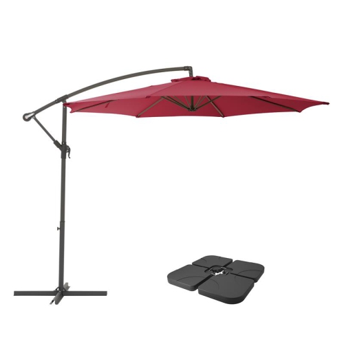 Parasol de patio en tissu rouge vin excentré de 9,5 pi de CorLiving et poids de base