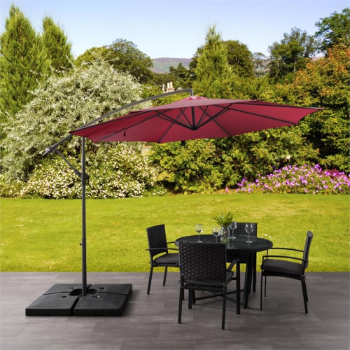 CorLiving 9.5ft Offset Wine Red Fabric Patio Umbrella and Base Weight