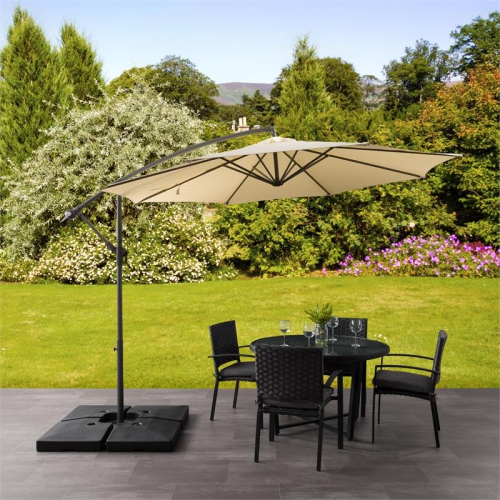 CorLiving 9.5ft Offset Warm White Fabric Patio Umbrella and Base Weight