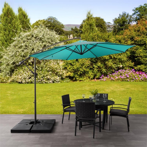 CorLiving 9.5ft Offset Turquoise Fabric Patio Umbrella and Base Weight