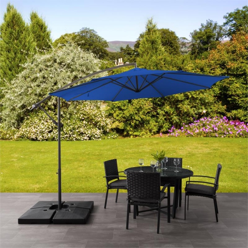 CorLiving 9.5ft Offset Cobalt Blue Fabric Patio Umbrella and Base Weight
