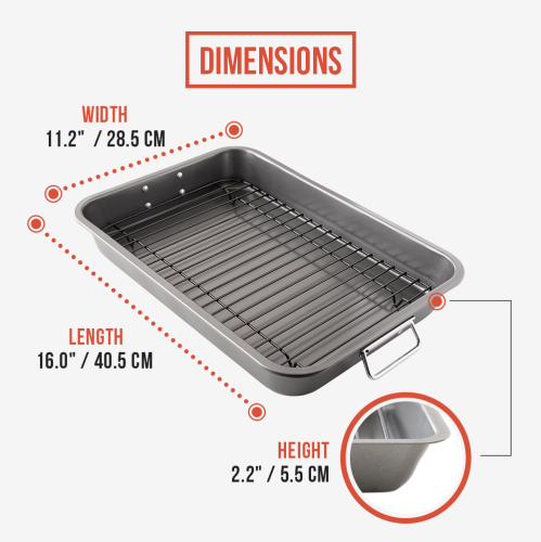 Chef Pomodoro – Grand plat à rôtir en acier au carbone antiadhésif avec grille, plat à rôtir robuste pour le four, 16 x 11 po, résistant à la chaleur