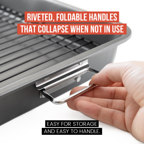 Chef Pomodoro – Grand plat à rôtir en acier au carbone antiadhésif avec grille, plat à rôtir robuste pour le four, 16 x 11 po, résistant à la chaleur