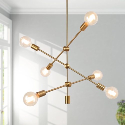 UOLFIN  Modern Sputnik Chandelier, 6-Light Brass Linear Chandelier Lighting for Dining Room In Gold