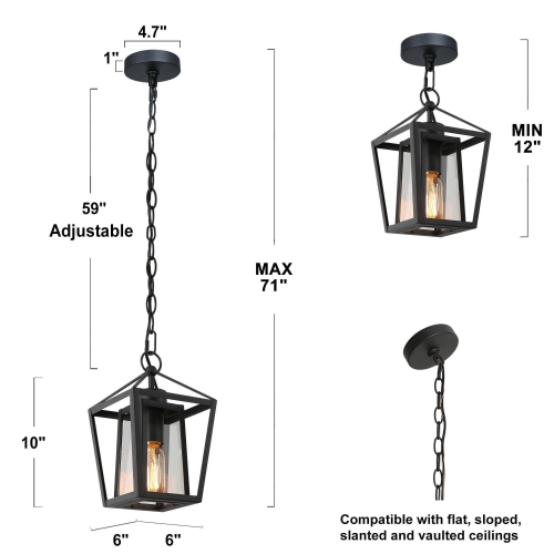Modern Black Outdoor Hanging Pendant Light, Matte Black Farmhouse Clear Glass Lantern LED Mini Outdoor Hanging Kitchen Island Light