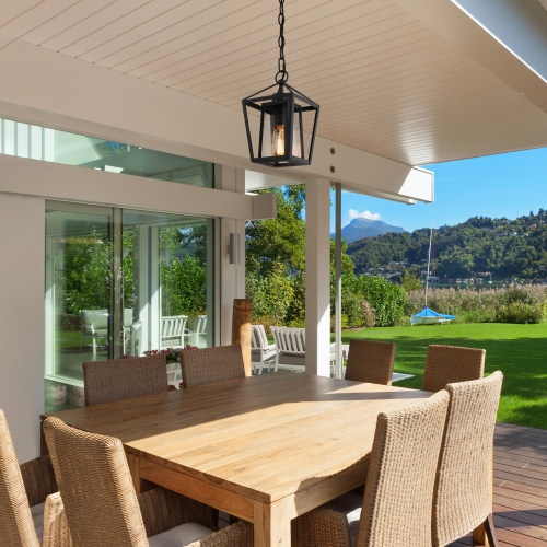 Modern Black Outdoor Hanging Pendant Light, Matte Black Farmhouse Clear Glass Lantern LED Mini Outdoor Hanging Kitchen Island Light