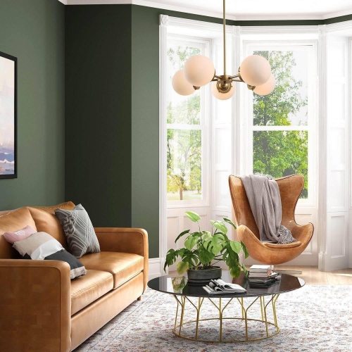 Mid-Century Sputnik Globe Chandelier, 5-Light Gold Transitional Dining Room Hanging Ceiling Light, Chandelier Pendant Light with Frosted Glass Shades