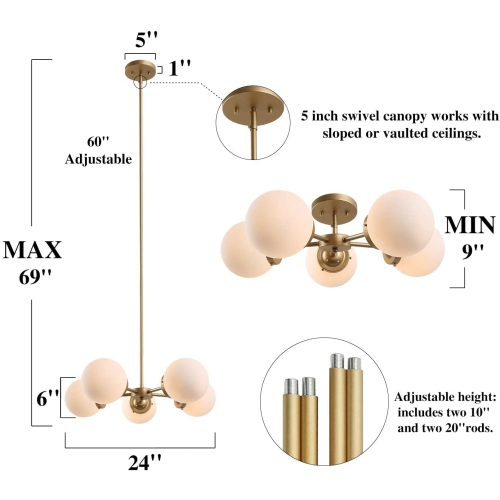 Mid-Century Sputnik Globe Chandelier, 5-Light Gold Transitional Dining Room Hanging Ceiling Light, Chandelier Pendant Light with Frosted Glass Shades