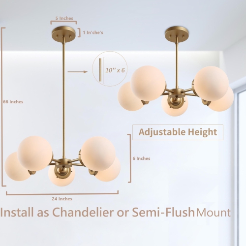 Mid-Century Sputnik Globe Chandelier, 5-Light Gold Transitional Dining Room Hanging Ceiling Light, Chandelier Pendant Light with Frosted Glass Shades