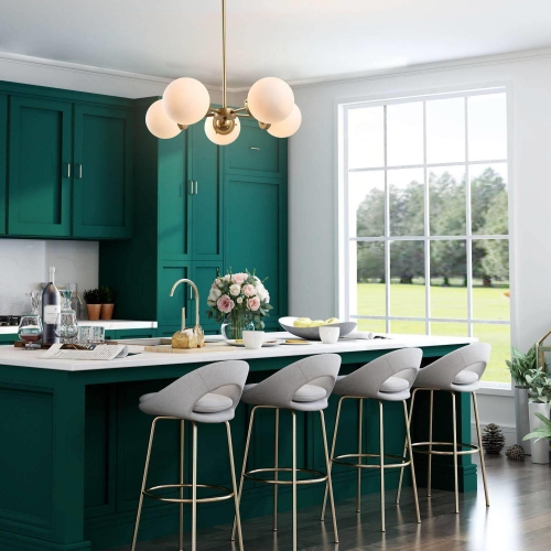 Mid-Century Sputnik Globe Chandelier, 5-Light Gold Transitional Dining Room Hanging Ceiling Light, Chandelier Pendant Light with Frosted Glass Shades