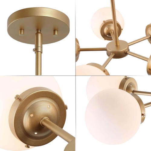 Mid-Century Sputnik Globe Chandelier, 5-Light Gold Transitional Dining Room Hanging Ceiling Light, Chandelier Pendant Light with Frosted Glass Shades