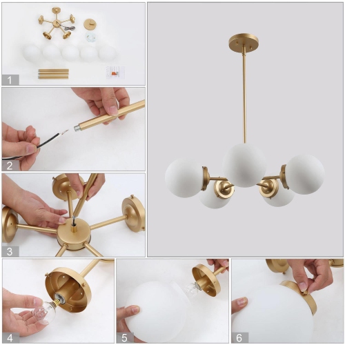 Mid-Century Sputnik Globe Chandelier, 5-Light Gold Transitional Dining Room Hanging Ceiling Light, Chandelier Pendant Light with Frosted Glass Shades