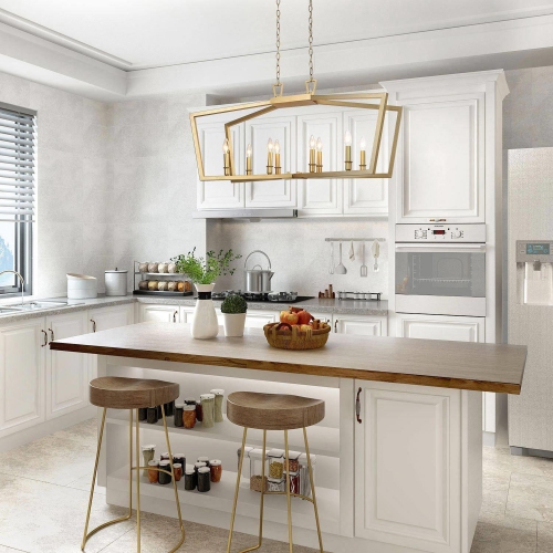 Modern Gold Candlestick Chandelier, 8-Light Gold Kitchen Island Chandelier Cage Hanging Light with Candle Style