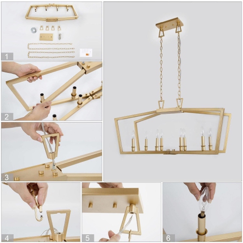 Modern Gold Candlestick Chandelier, 8-Light Gold Kitchen Island Chandelier Cage Hanging Light with Candle Style